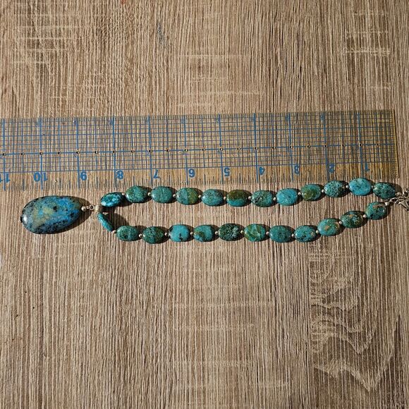 Turquoise Nugget Bead Necklace Oval Pendant Sterling Silver Clasp Southwestern - Picture 3 of 5